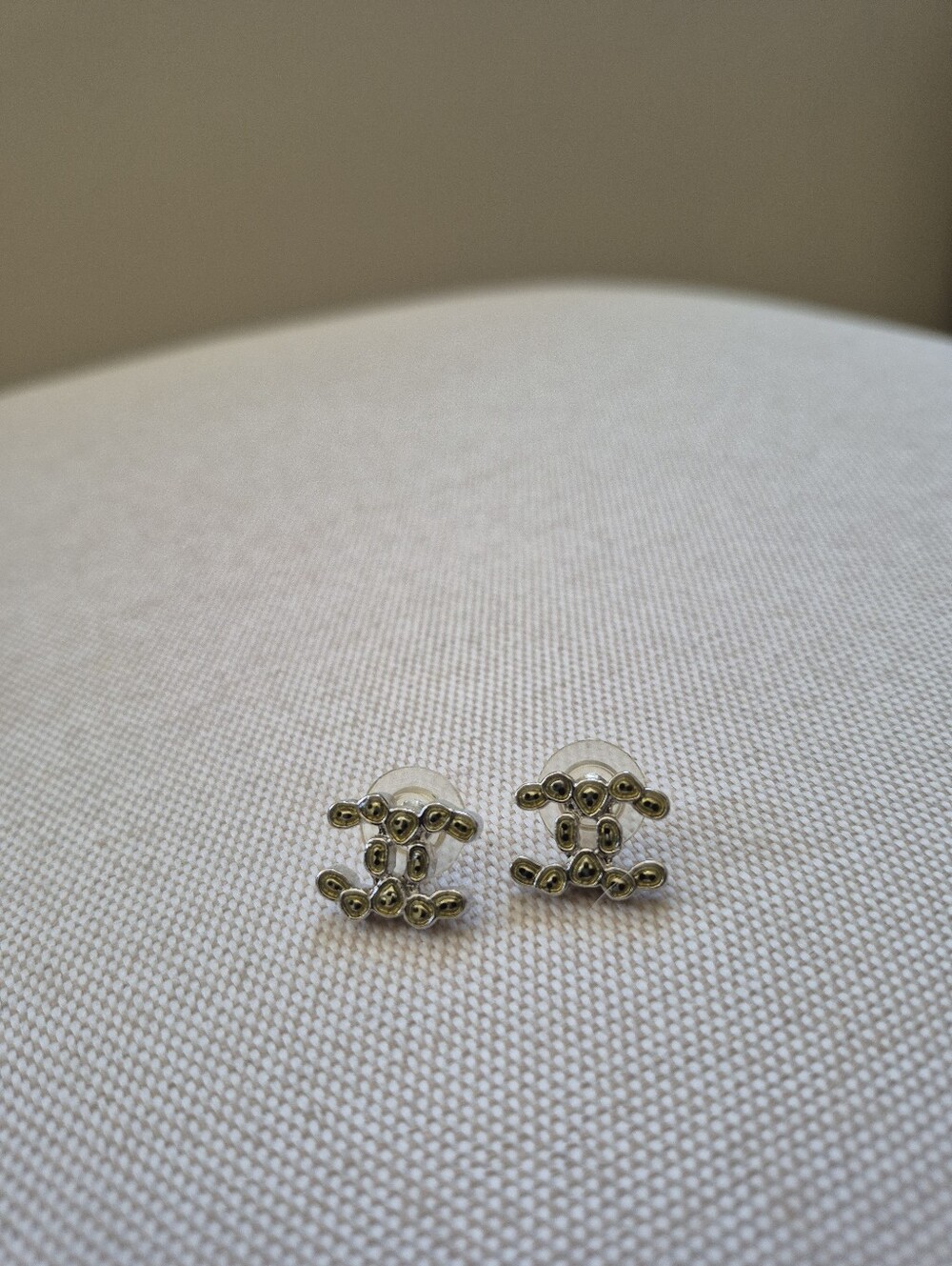 Chanel Gold-Tone Green Strass Crystals Interlock CC's Stud Earrings